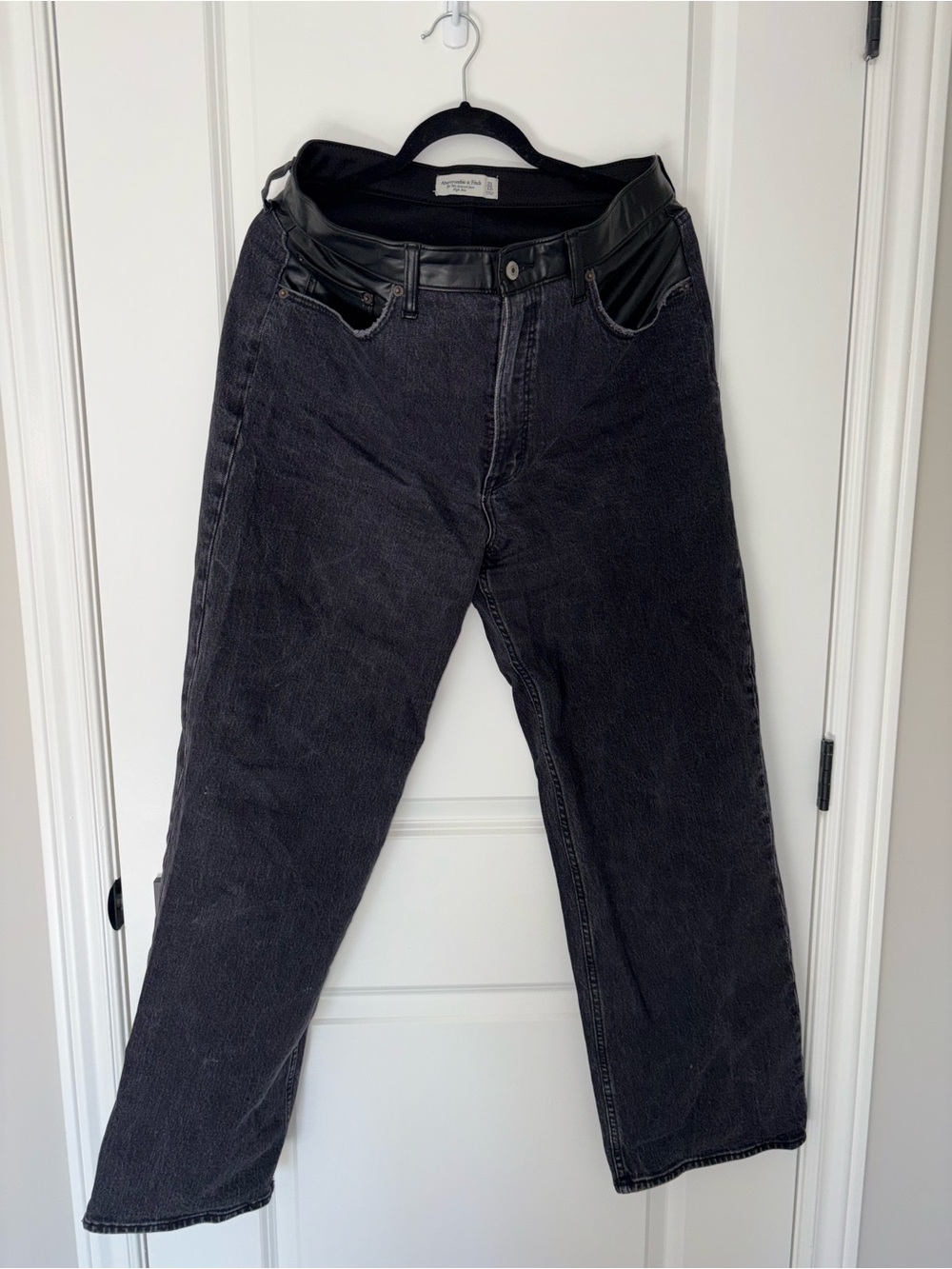 Abercrombie & Fitch Black Relaxed Straight Jeans with Faux Leather Waistband